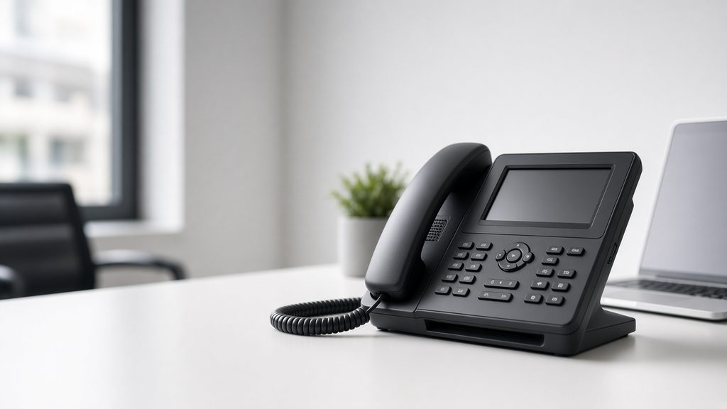 Ofis masasında duran siyah IP masa telefonu